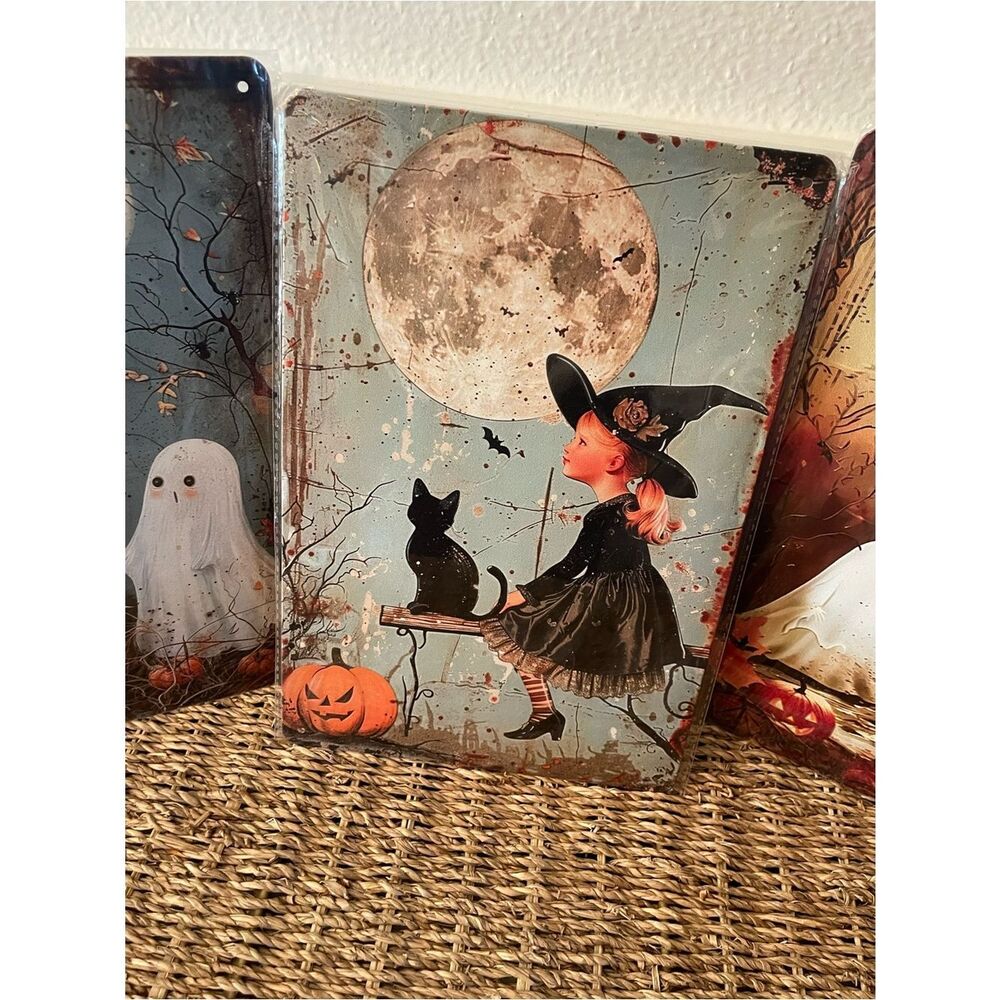 Vintage Halloween Witch & Cat & Ghosts Metal Sign - Black, Orange, White 8.5x12 - Picture 10 of 12